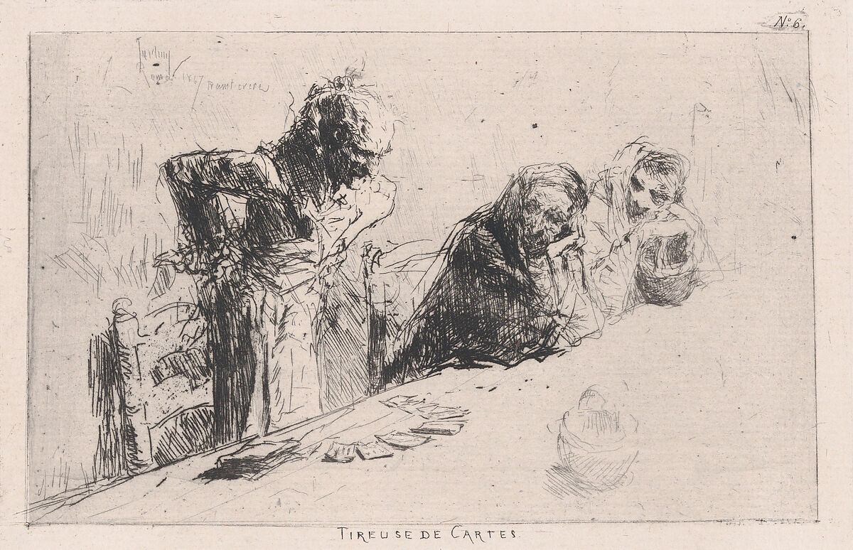 Cardplayers: three men, two seated one standing before a spread of cards on a table, Mariano Fortuny, 1838–1874 (Spanish, 1838–1874), Etching 