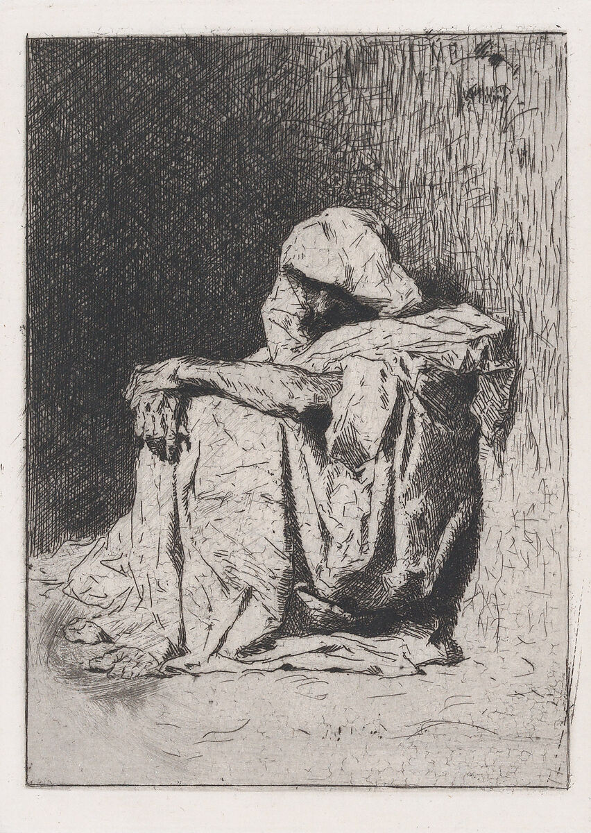 An Arabic man seated on the ground, head partly covered, Mariano Fortuny, 1838–1874 (Spanish, 1838–1874), Etching 