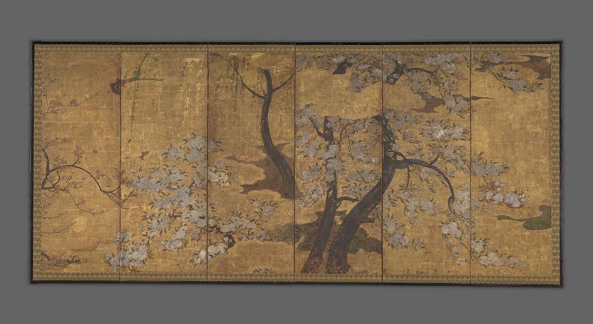 Cherry, Plum and Willow Trees, Unidentified artist Japanese, 17th century, Single six-panel folding screen; ink, color, gold, and gold leaf on paper, Japan 
