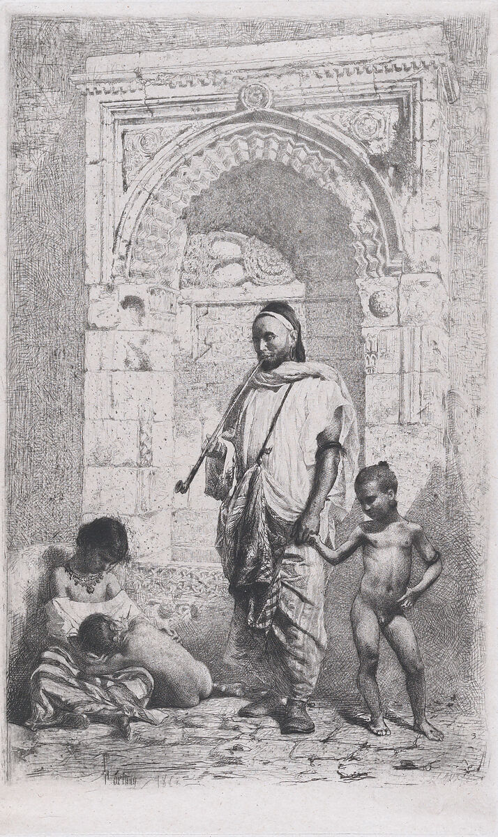 A Moroccan family in front of an arch, father standing, mother lower left on the ground holding a child, Mariano Fortuny, 1838–1874 (Spanish, 1838–1874), Etching 