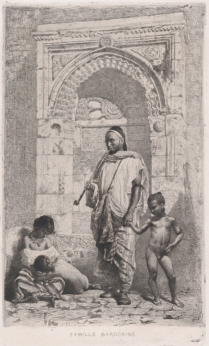 A Moroccan family in front of an arch, father standing, mother lower left on the ground holding a child, Mariano Fortuny, 1838–1874 (Spanish, 1838–1874), Etching 