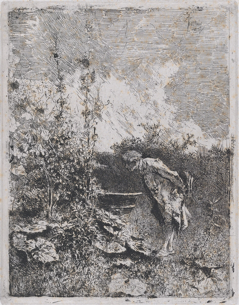 The botanist:  a man in a garden examining its contents, Mariano Fortuny, 1838–1874 (Spanish, 1838–1874), Etching on Japan paper (foxed) 