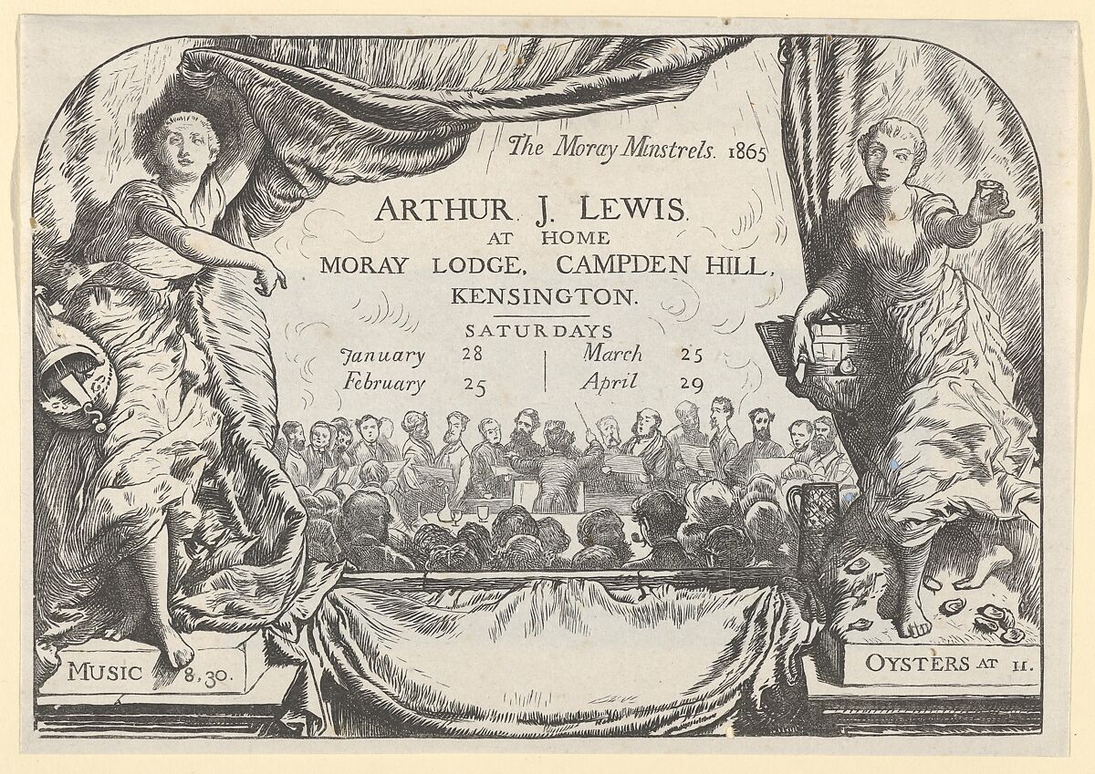 The Moray Minstrels (Invitation card of Arthur James Lewis), William Harcourt Hooper (British, London 1834–1912 London), Wood engraving on chine volant 