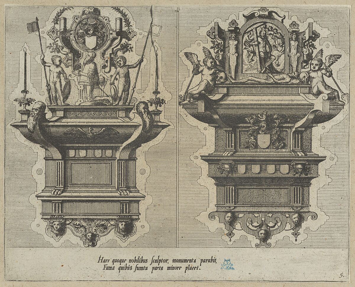 Portfolio with drawings and prints of tombs and epitaphs, Anonymous, Flemish, Pen and brown ink, black chalk, brush and brown and gray wash