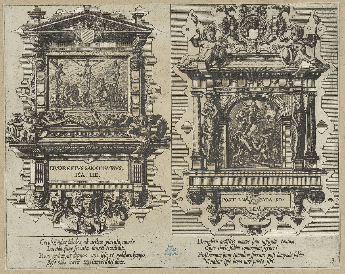 Portfolio with drawings and prints of tombs and epitaphs, Anonymous, Flemish, Pen and brown ink, black chalk, brush and brown and gray wash