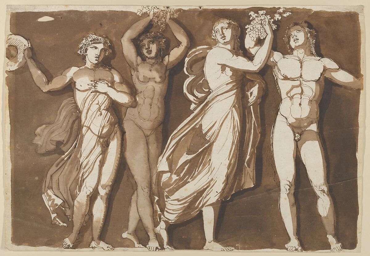 A Frieze of Dancing Antique Figures in a Bacchanal, Jonas Akerström (Swedish, Hälsingland 1759–1795 Rome), Pen and brown ink, brown wash 