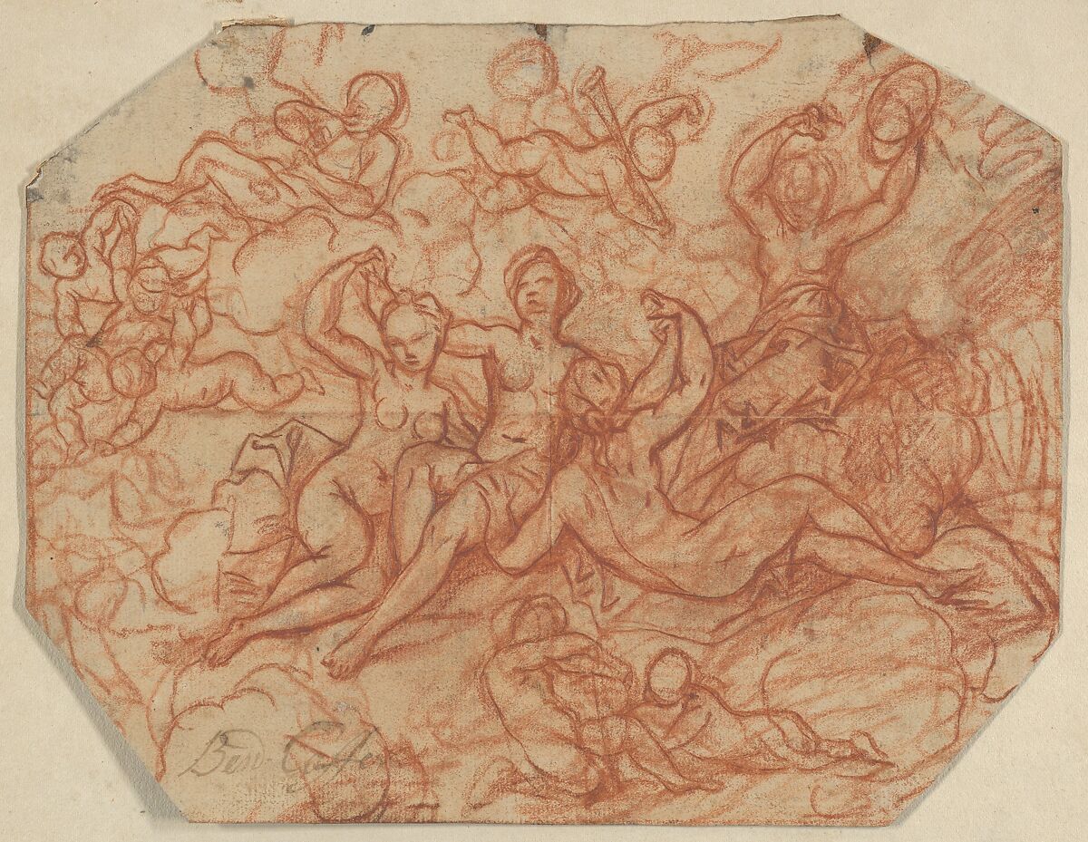 Four (?) Nude Women in the Clouds Surrounded by Putti, Benoît Le Coffre (Danish, Copenhagen 1671–1722 Copenhagen), Red chalk; incised for transfer; framing line in red chalk, by the artist; verso blackened with chalk 