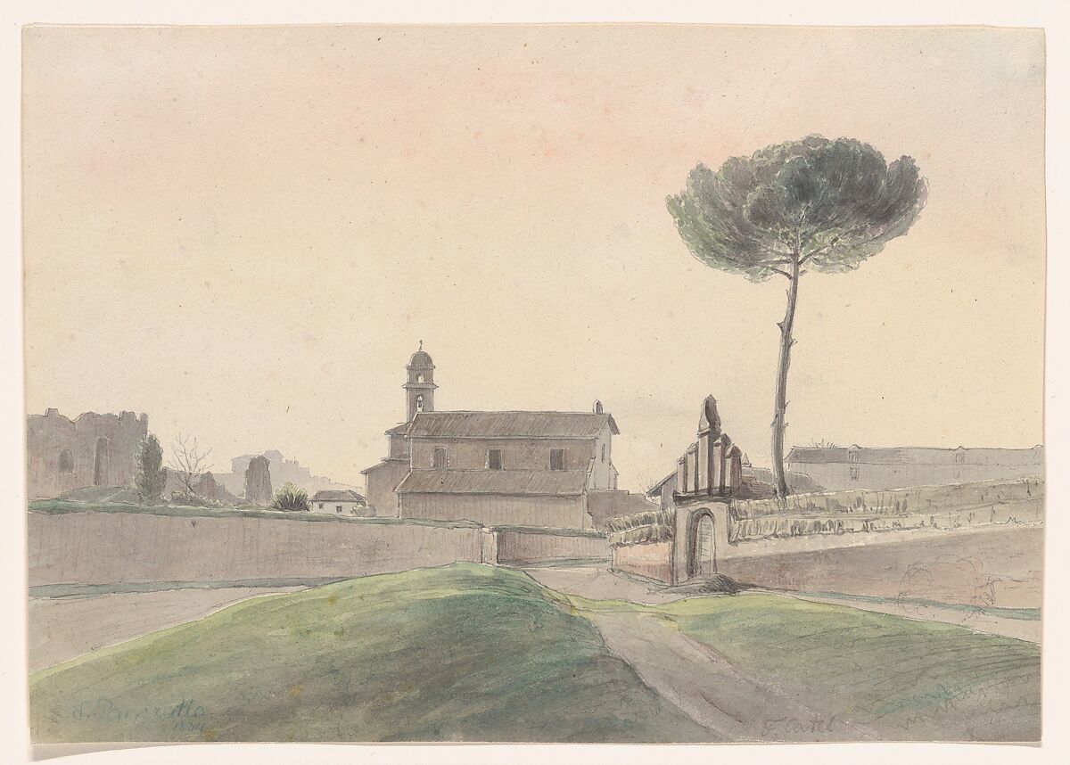 View of the Church of San Pancrazio, Rome, from the South, Franz Ludwig Catel (German, Berlin 1778–1856 Rome), Graphite, watercolor 