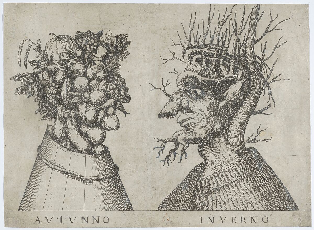 Autumn and Winter: two heads made from flora typical of those seasons, Anonymous, Italian, 16th to early 17th century, Etching 