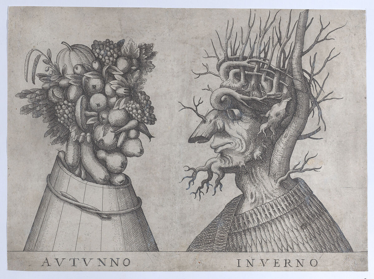 Autumn and Winter: two heads made from flora typical of those seasons, Anonymous, Italian, 16th to early 17th century, Etching