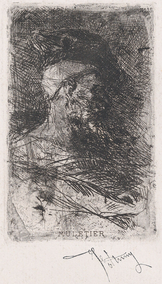 Head of a muleteer facing right, Mariano Fortuny, 1838–1874 (Spanish, 1838–1874), Etching 