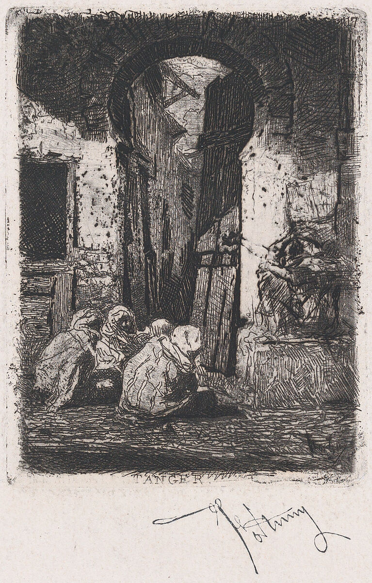 Tangiers, a group of men seated near an arch, Mariano Fortuny, 1838–1874 (Spanish, 1838–1874), Etching 