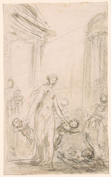 Ruggiero and Alcina at the Bath, Jean Honoré Fragonard (French, Grasse 1732–1806 Paris), Brush and brown wash over black chalk 