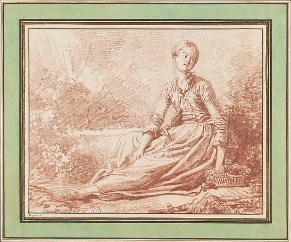 A Young Woman Seated on the Ground, Jean Honoré Fragonard (French, Grasse 1732–1806 Paris), Red chalk 