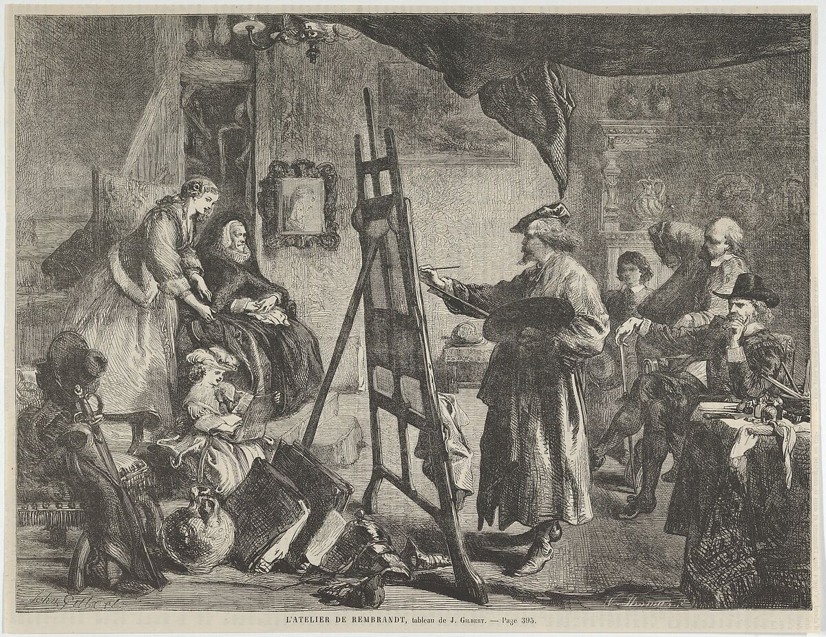 L'Atelier de Rembrandt, tableau de J. Gilbert (Rembrandt's Studio, a painting by J. Gilbert), from "L'Univers Illustré," p. 395, William Luson Thomas (British, London 1830–1900 Chertsey, Surrey), Wood engraving 