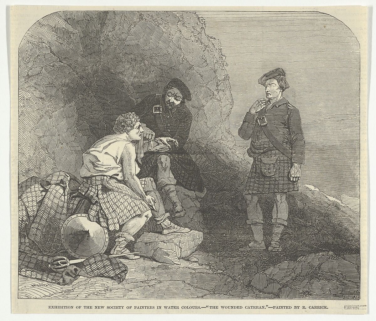 The Wounded Cateran by R. Carrick, Exhibition of the New Society of Painters in Water Colours, from "Illustrated London News", Joseph Lionel Williams (British, ca. 1815–1877 London), Wood engraving 