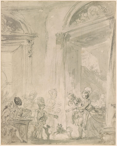 A Boy Carried into a Salon, Jean Honoré Fragonard (French, Grasse 1732–1806 Paris), Black chalk, bush and gray wash, incised; verso: faint sketch in black chalk of figures under a tree 