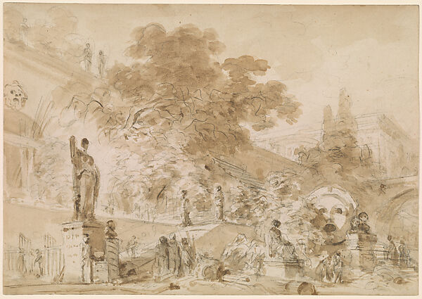 Imaginary Italian Garden, Jean Honoré Fragonard (French, Grasse 1732–1806 Paris), Brush and brown wash over black chalk 
