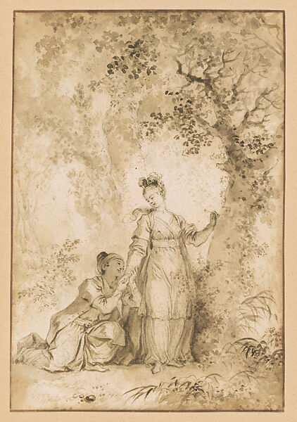 The Fiancée of the King of Garbe: The Tree, Jean Honoré Fragonard (French, Grasse 1732–1806 Paris), Brown wash over light black chalk underdrawing 