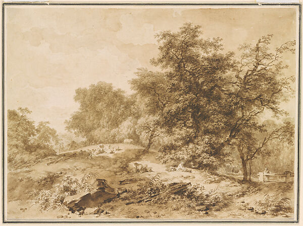 Shepherd and Sheep on a Sunny Hillside, Jean Honoré Fragonard (French, Grasse 1732–1806 Paris), Brush and brown wash over graphite 