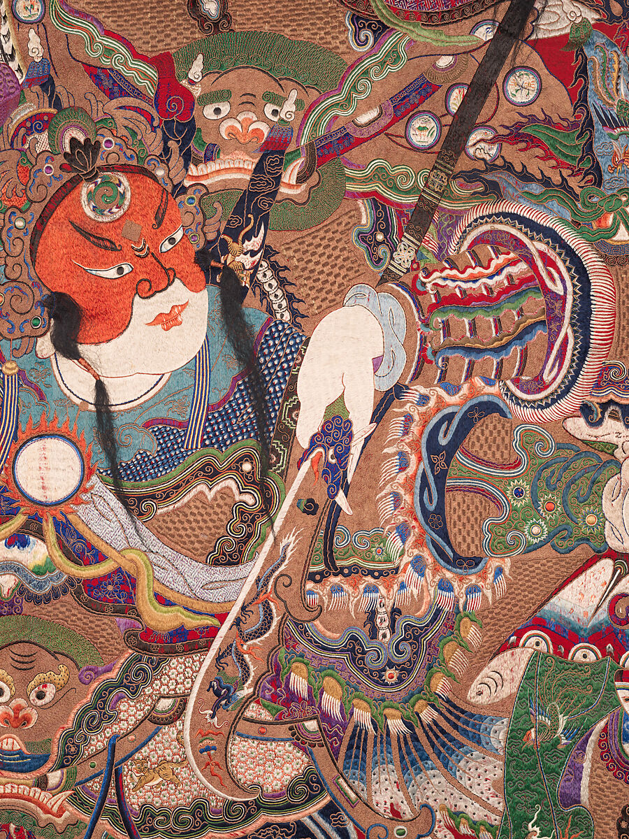 Wall hanging with scene from an opera, Silk and metallic thread embroidery on plain-weave wool with animal fibers, China