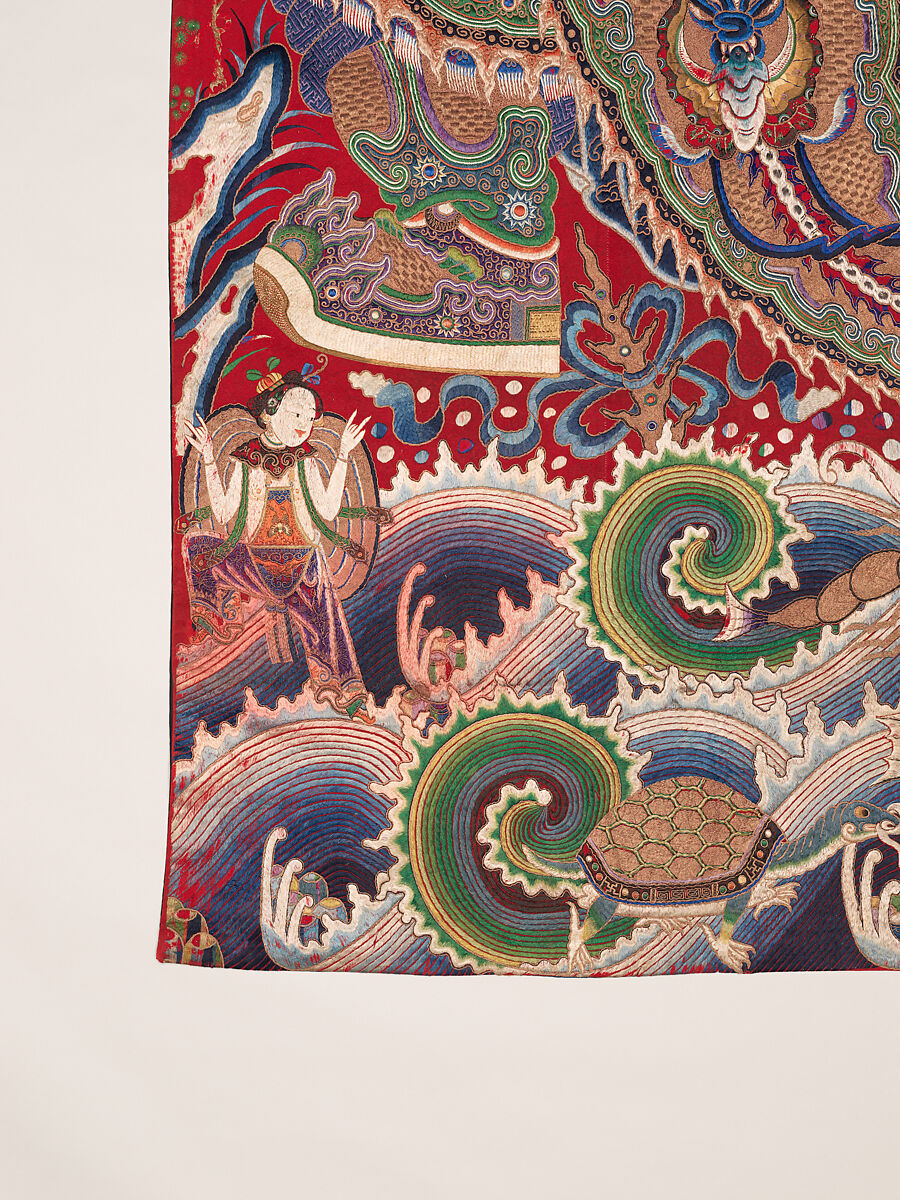 Wall hanging with scene from an opera, Silk and metallic thread embroidery on plain-weave wool with animal fibers, China