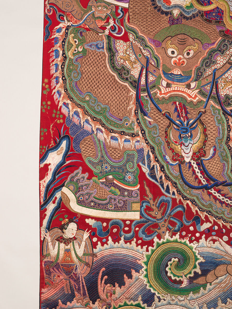 Wall hanging with scene from an opera, Silk and metallic thread embroidery on plain-weave wool with animal fibers, China