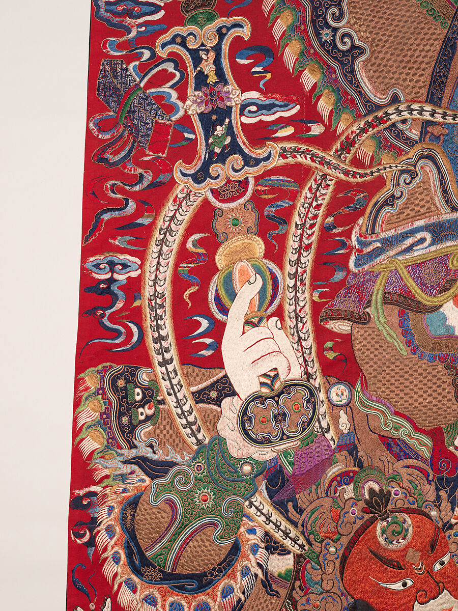 Wall hanging with scene from an opera, Silk and metallic thread embroidery on plain-weave wool with animal fibers, China