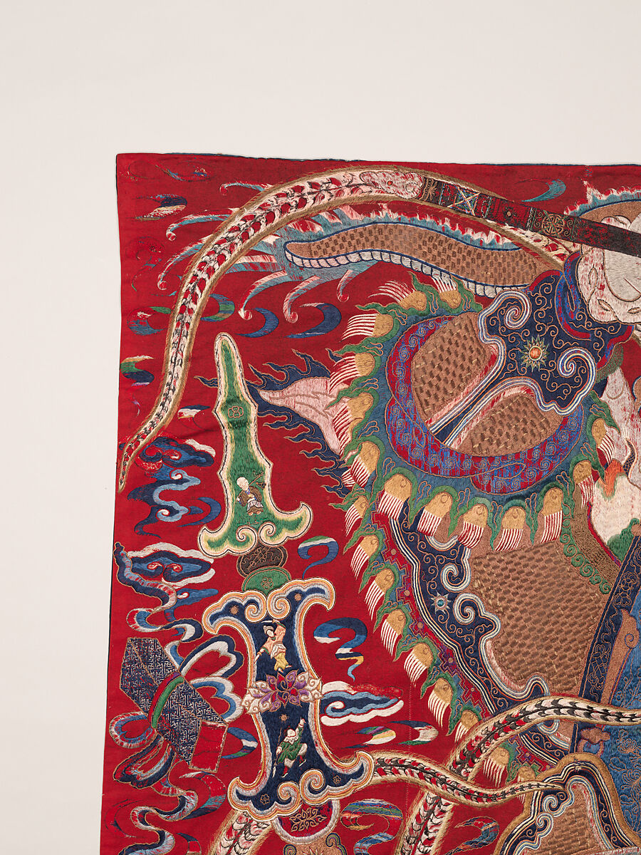 Wall hanging with scene from an opera, Silk and metallic thread embroidery on plain-weave wool with animal fibers, China