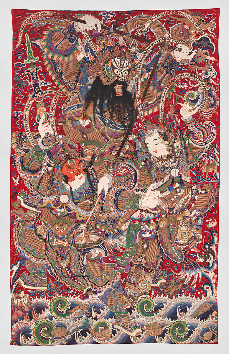 Wall hanging with scene from an opera, Silk and metallic thread embroidery on plain-weave wool with animal fibers, China 