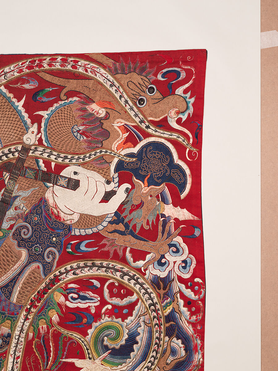 Wall hanging with scene from an opera, Silk and metallic thread embroidery on plain-weave wool with animal fibers, China