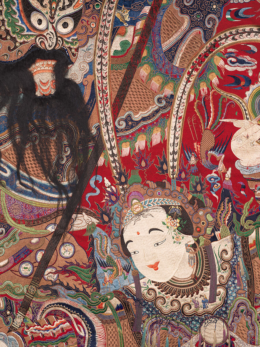 Wall hanging with scene from an opera, Silk and metallic thread embroidery on plain-weave wool with animal fibers, China