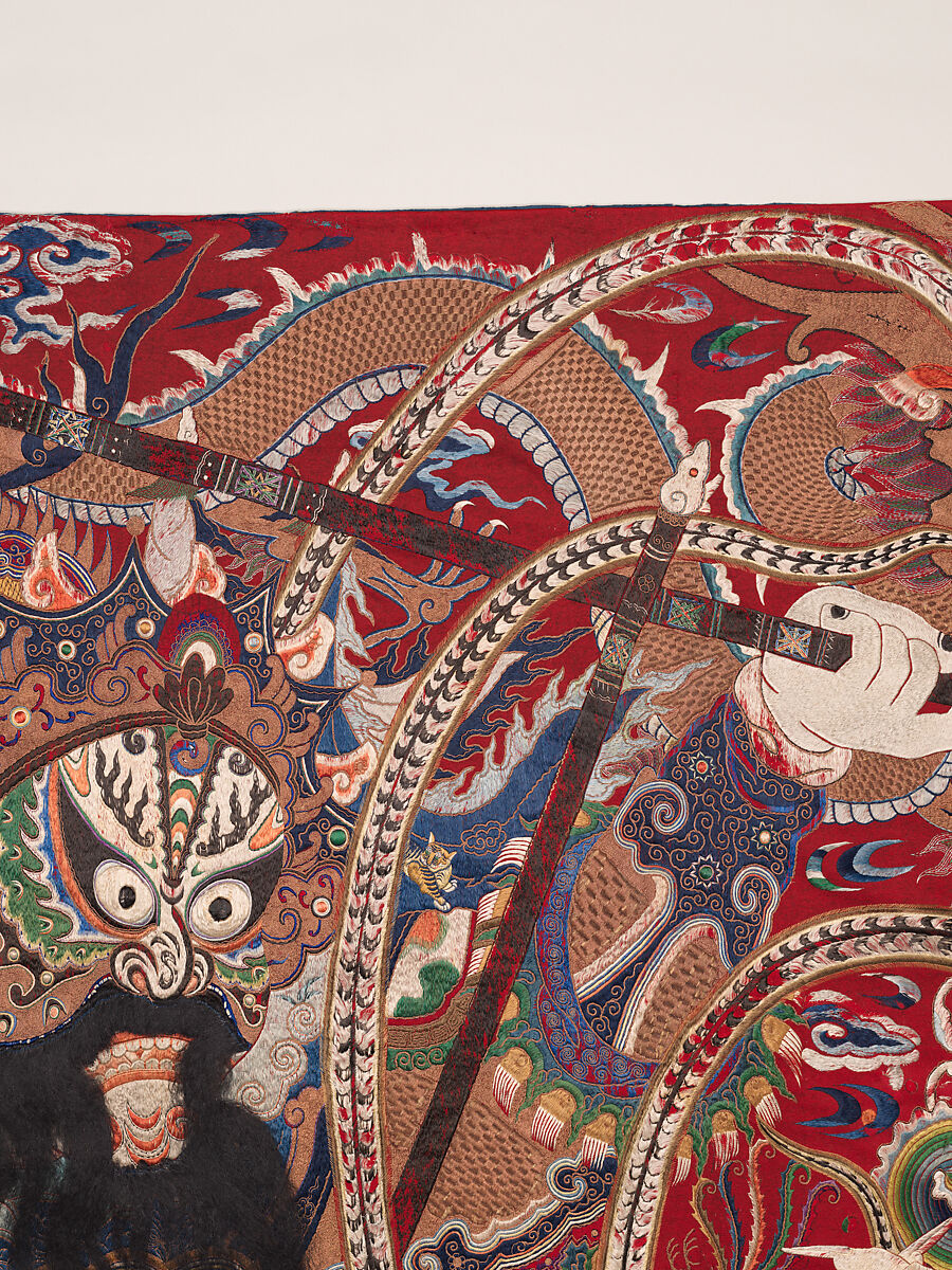 Wall hanging with scene from an opera, Silk and metallic thread embroidery on plain-weave wool with animal fibers, China
