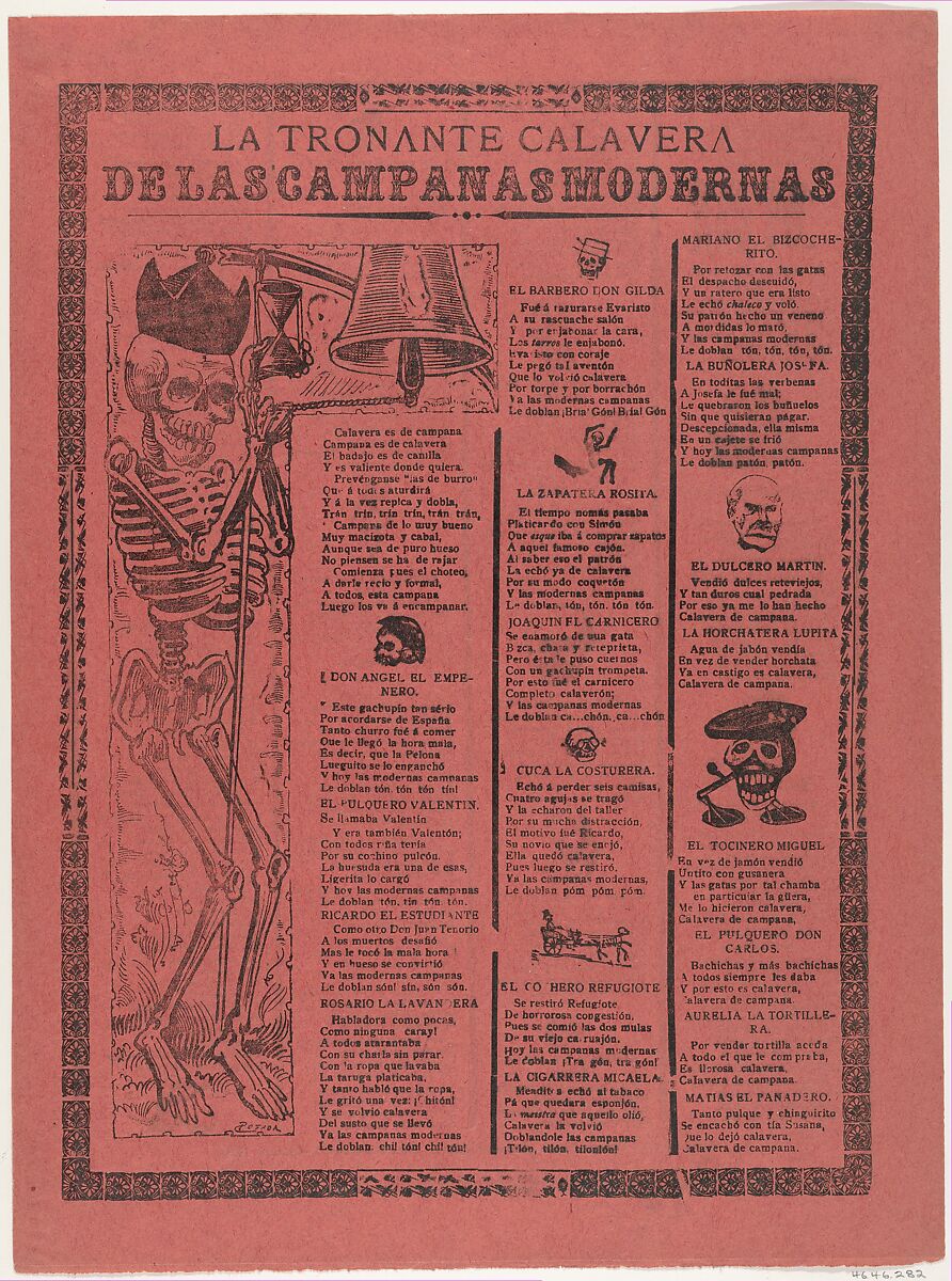 The thundering skeleton of the modern bells, José Guadalupe Posada (Mexican, 1851–1913), Zincograph and letterpress on orange paper 