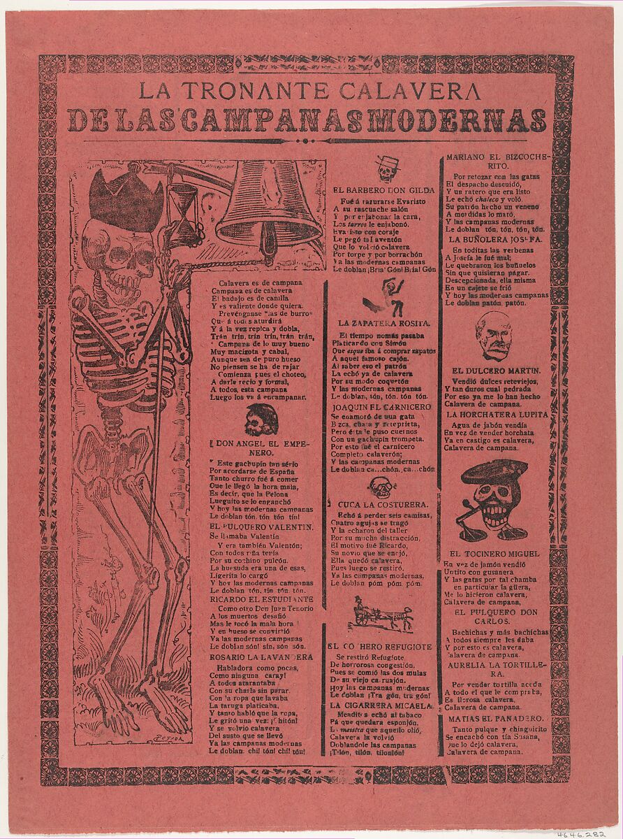 The thundering skeleton of the modern bells, José Guadalupe Posada (Mexican, Aguascalientes 1852–1913 Mexico City), Zincograph and letterpress on orange paper 