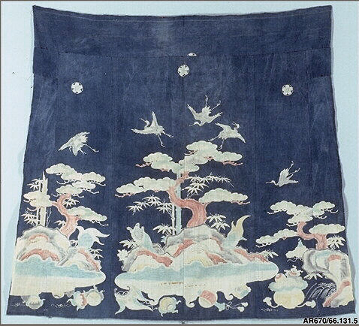 Panel, Indigo blue dyed cotton ground with cranes, tortoises, pines and bamboo reserved in white and painted in dyes, Japan 