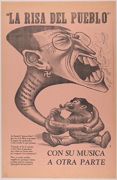 A poster showing a seated Mexican blowing a trumpet with a human head representing the falsity of the press (fake news) with the title 'The laughter of the public—away with your nonsense', José Chávez Morado (Mexican, 1909–2002), Lithograph on orange paper 
