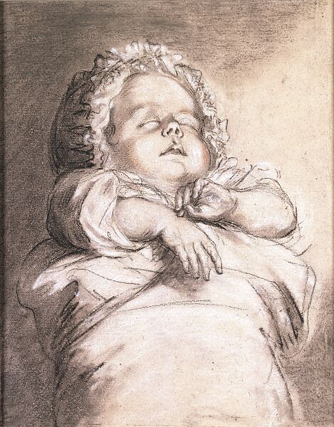 Sleeping Baby, Elisabeth Louise Vigée Le Brun (French, Paris 1755–1842 Paris), Black, white, and red chalks, stumping, on paper 
