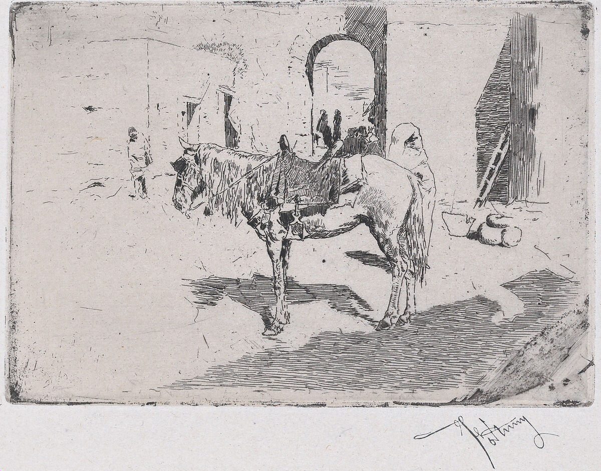 A Moroccan horse standing before an arch, Mariano Fortuny, 1838–1874 (Spanish, 1838–1874), Etching 