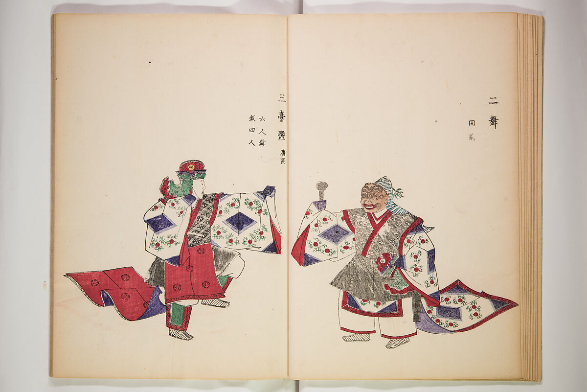 Illustrations on Bugaku (Bugakuzu) 舞楽図 （ぶがくず）, Takashima Chiharu 高島千春 (Japanese, 1777–1859), Ink on paper, Japan