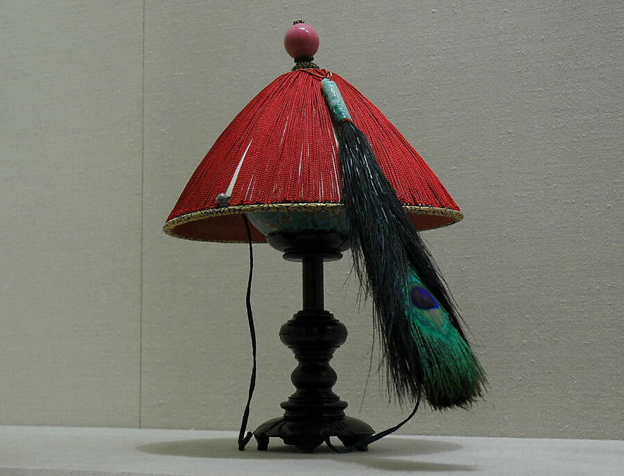 Man's Summer Court Hat with Peacock Feather, Basketry, silk, glass, China