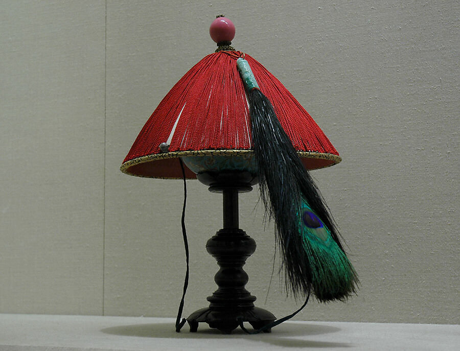 Man's Summer Court Hat with Peacock Feather, Basketry, silk, glass, China 