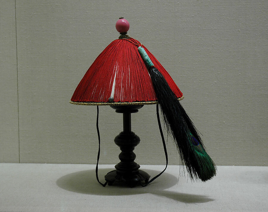 Man's Summer Court Hat with Peacock Feather, Basketry, silk, glass, China