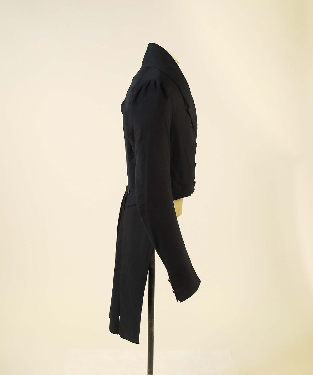 Tailcoat, wool, silk, cotton, wood, probably British