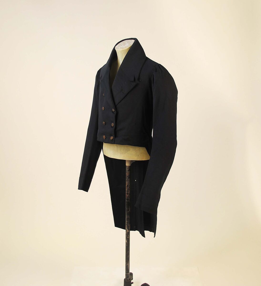Tailcoat, wool, silk, cotton, wood, probably British