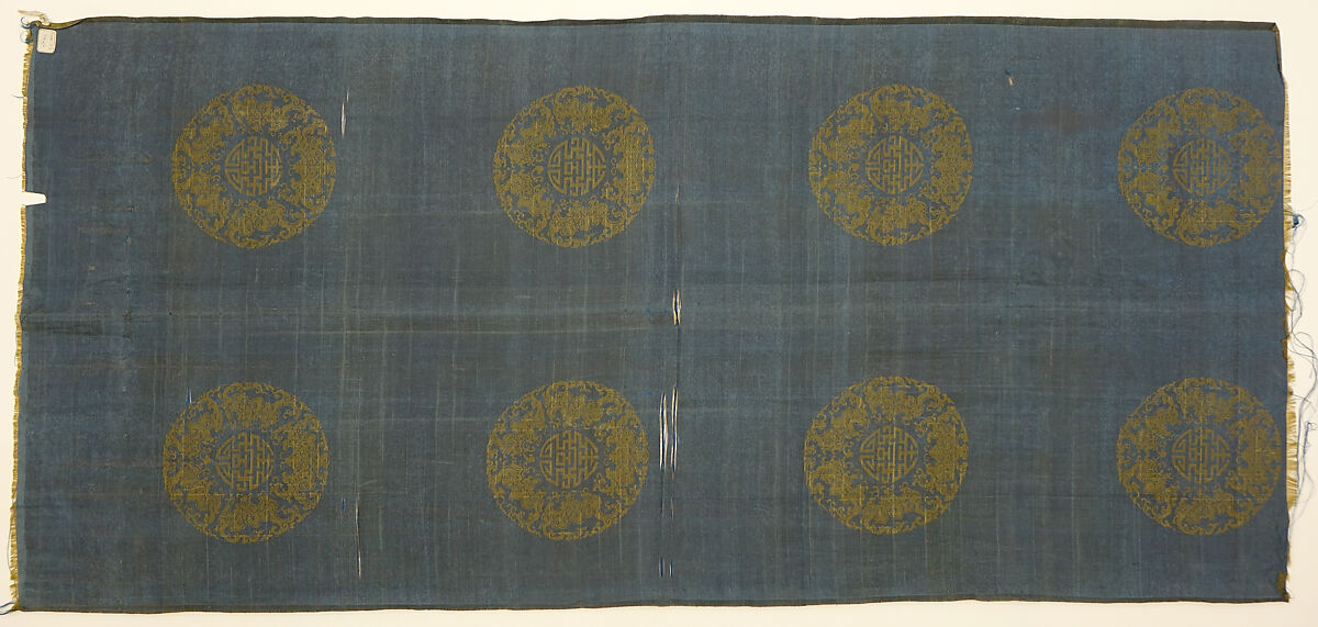 Textile with medallions of bats and character of longevity (shou), Silk satin damask, China