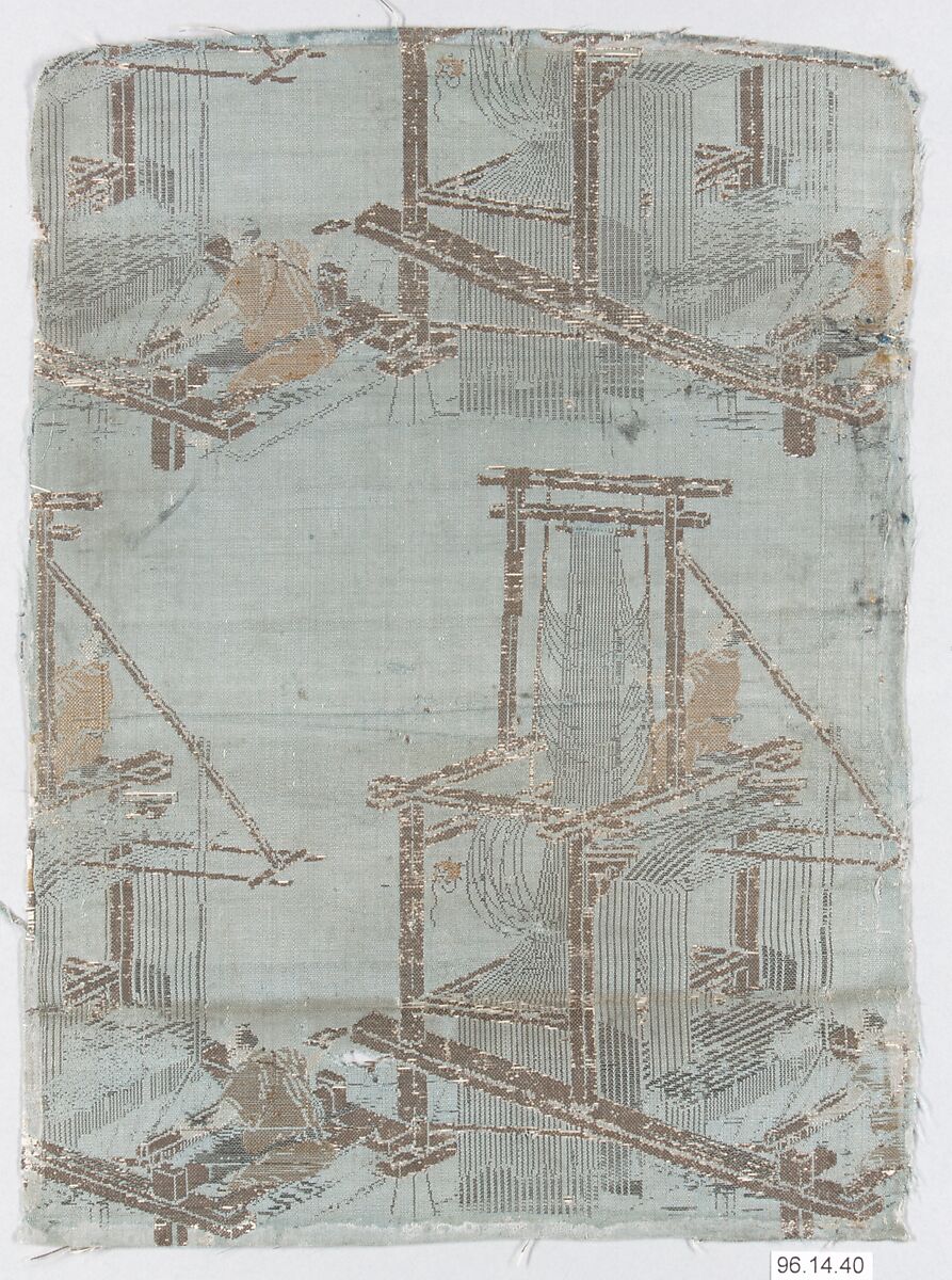 Textile fragment with incomplete repeating pattern of loom, weaver, and drawboy, Silk, Japan 