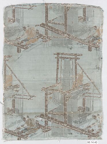 Textile fragment with incomplete repeating pattern of loom, weaver, and drawboy

