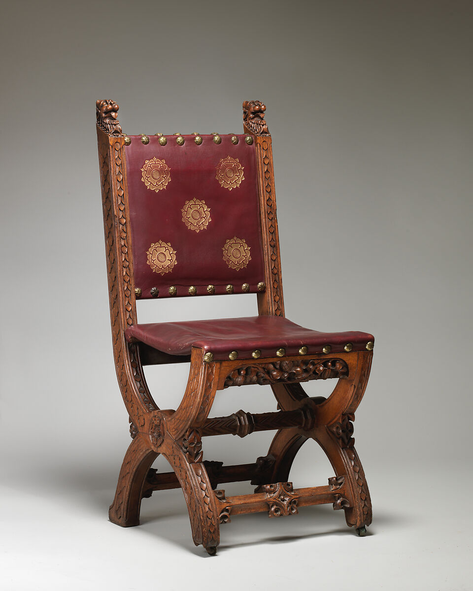 Dining room chair from the Speaker’s House, Palace of Westminster, Augustus Welby Northmore Pugin (British, London 1812–1852 Ramsgate), Carved oak, upholstered in modern stamped and gilded red leather, British 