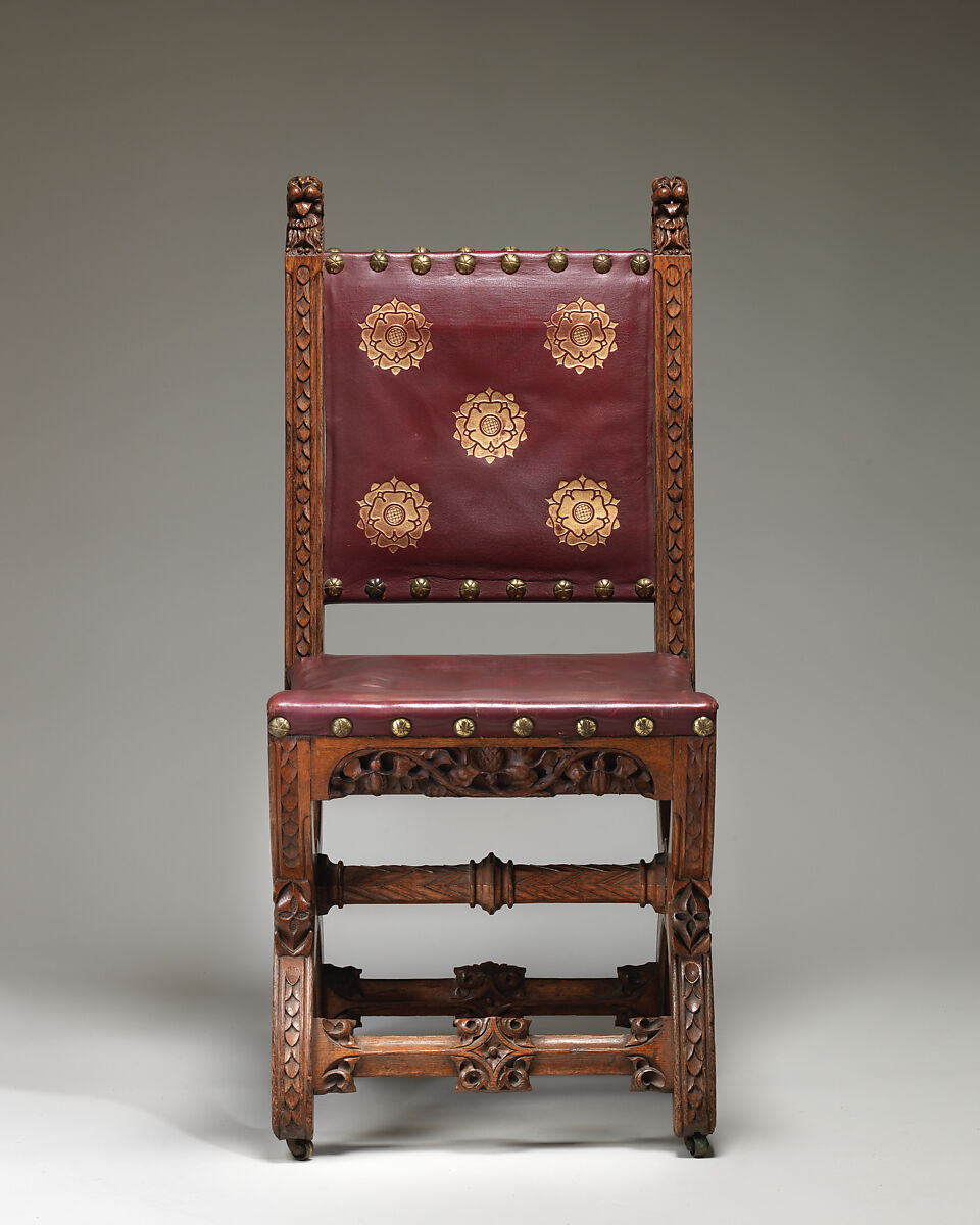 Dining room chair from the Speaker’s House, Palace of Westminster, Augustus Welby Northmore Pugin (British, London 1812–1852 Ramsgate), Carved oak, upholstered in modern stamped and gilded red leather, British